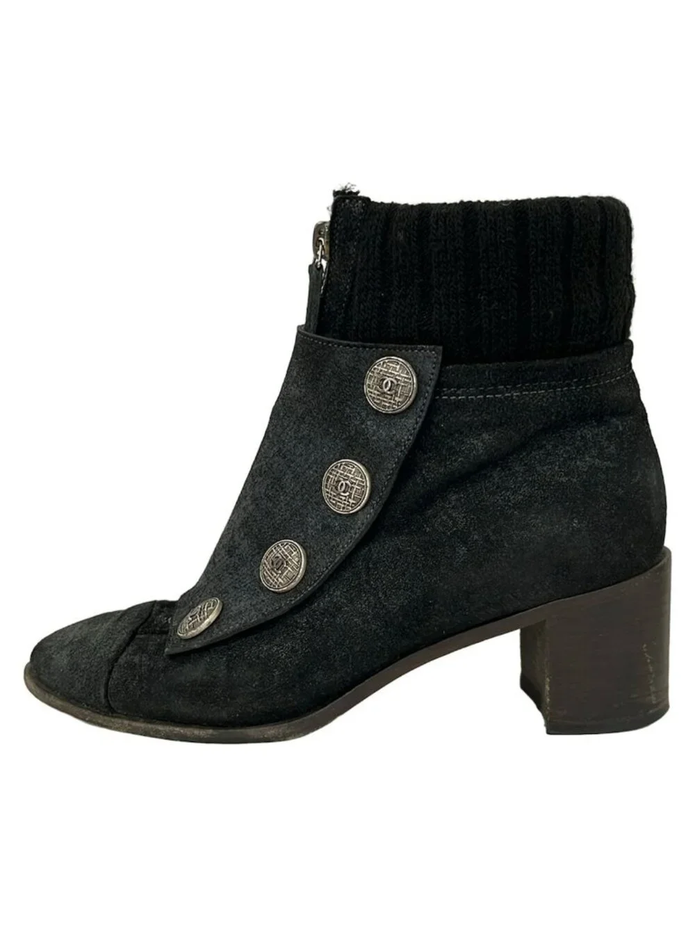 Chanel Short Boots 37 C Black Silver Wool